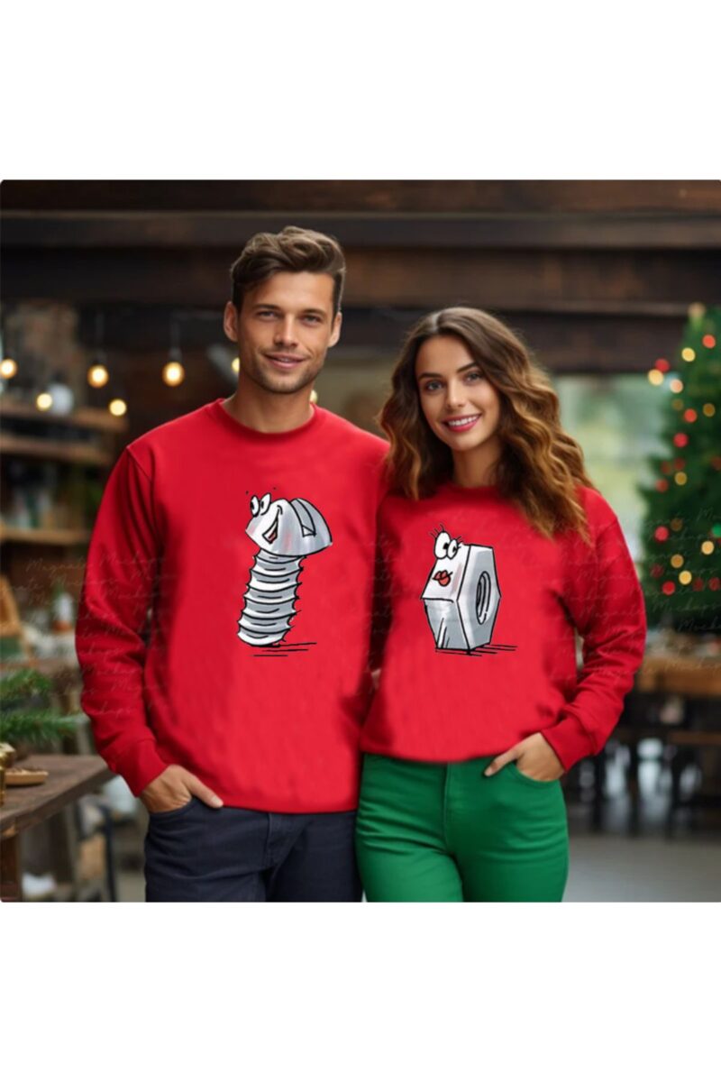 Vida ve Somun Tamamlanan 2li Sweatshirt Sevgili Kombini Düz Lastiksiz Bel 2 adet 1 Ona 1 Sana!
