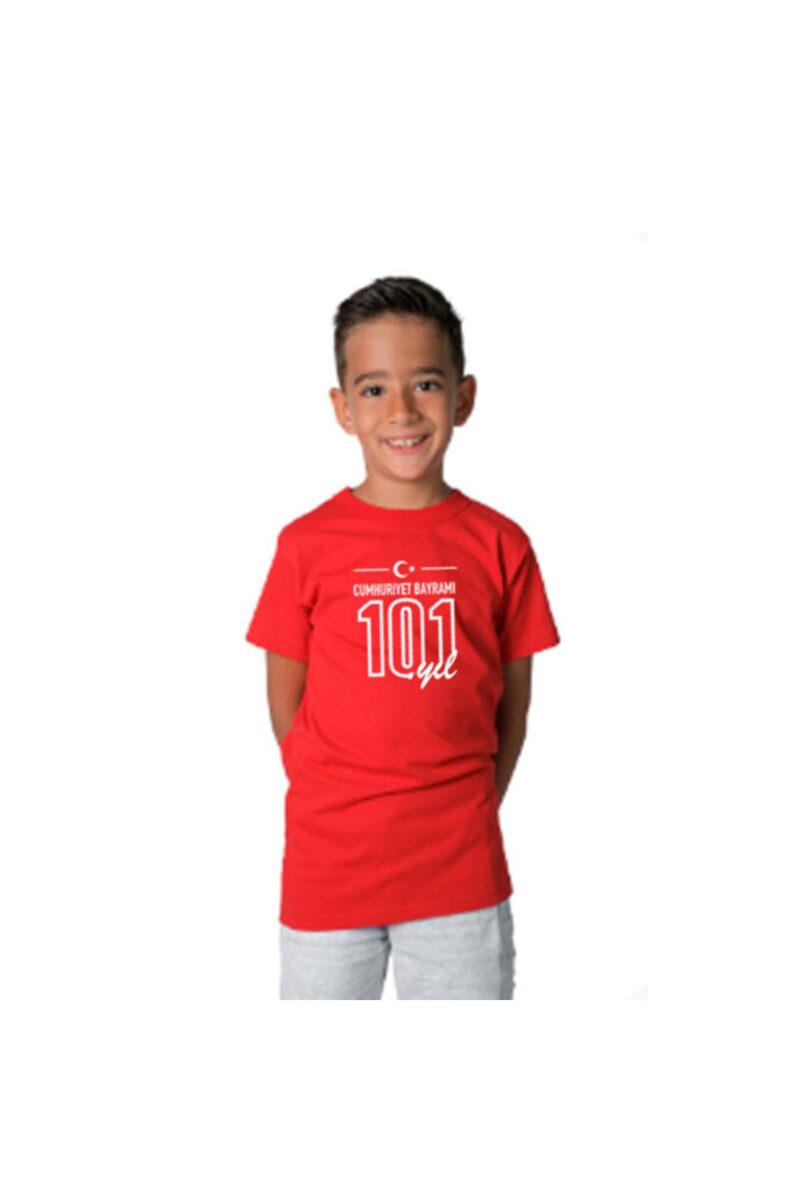 Cumhuriyetin 101.Yılı Baskılı 29 Ekim Çocuk Bisiklet Yaka Basic Tişört Pamuklu T shirt KIRMIZI
