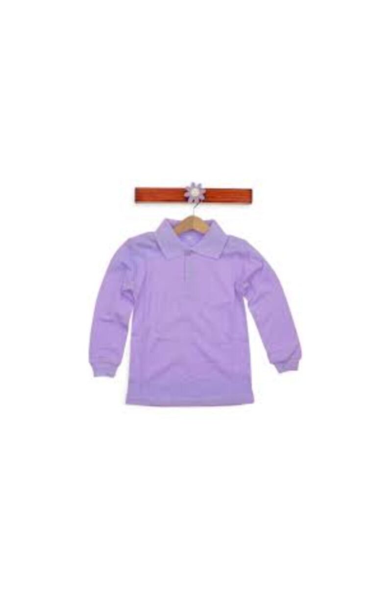 Çocuk Polo Yaka Uzun Kollu Lila Açık Mor Tişört Pamuklu Polo Yakalı Çocuk Tshirt