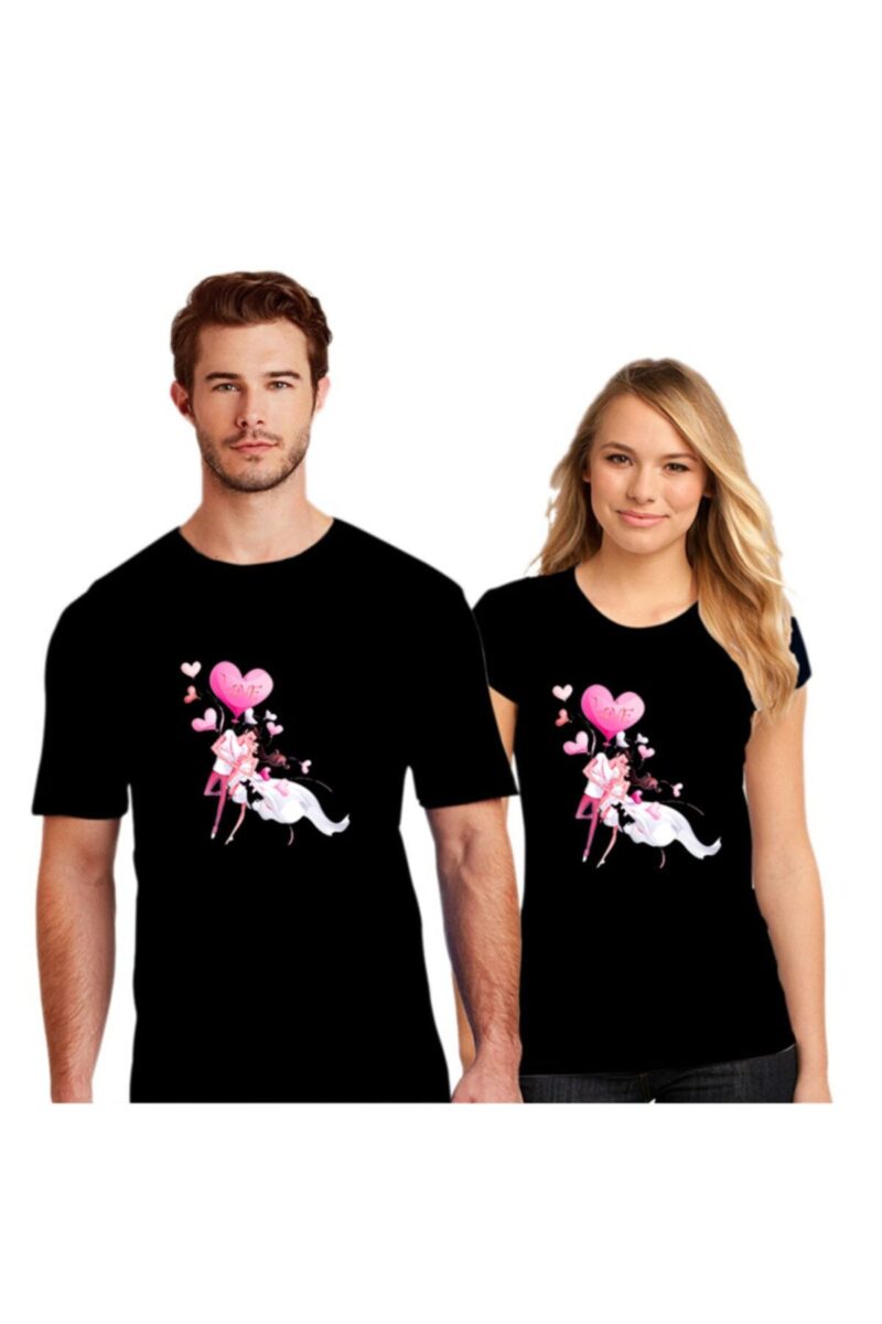 Sevgililer Gününe Özel Sevgili Kombini Sevgili Tişörtleri Baskılı Pamuklu Siyah 2 Adet Tshirt