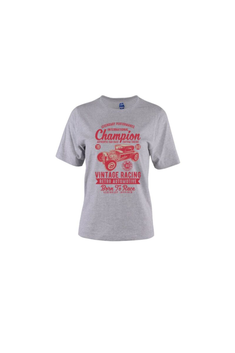 Racing 1980 Vintage Baskılı Gri Kadın Tişört  Amerikan Lisanslı Tasarım