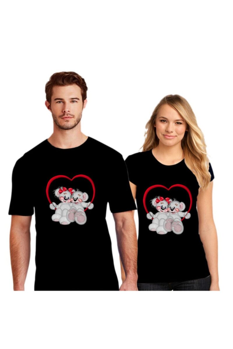 Sevgililer Gününe Özel Baskılı Sevgili Kombini Sevgili Tişörtleri Pamuklu Siyah 2 Adet Tshirt