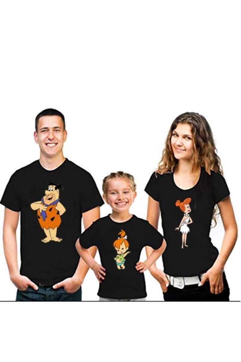 Aile Boyu Baskılı Tshirt Anne Baba Çocuk 3lü Siyah Tişört Kombin Çakmaktaşlar