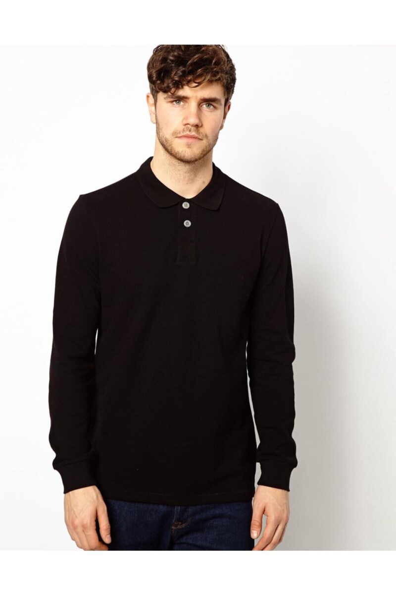 Penye Polo Yaka Tişört Siyah Uzun Kol Pamuklu Yakalı Tshirt Pike Penye Kumaş
