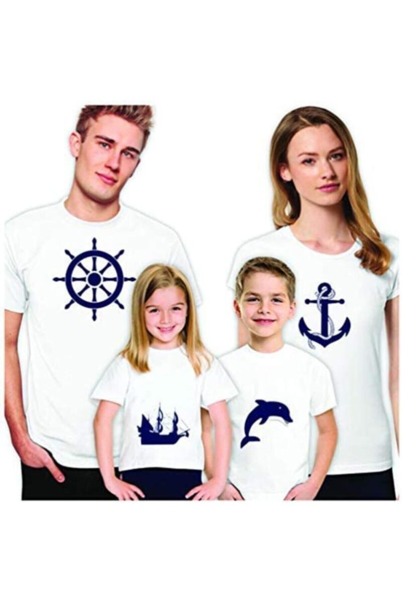Aqua Denizci Baskılı 4lü Aile Boyu Tişört Kombini Yeni Sezon Tshirtler Aile Kombini
