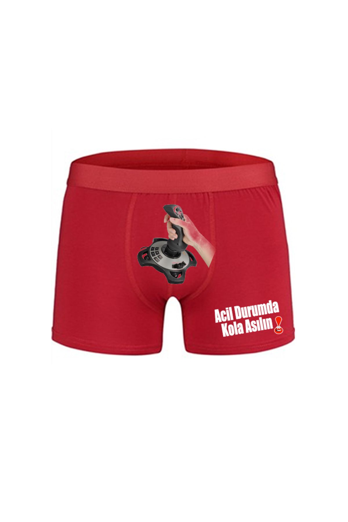Acil Durum Joystick Baskılı Espirili Kırmızı Erkek Boxer Pamuklu