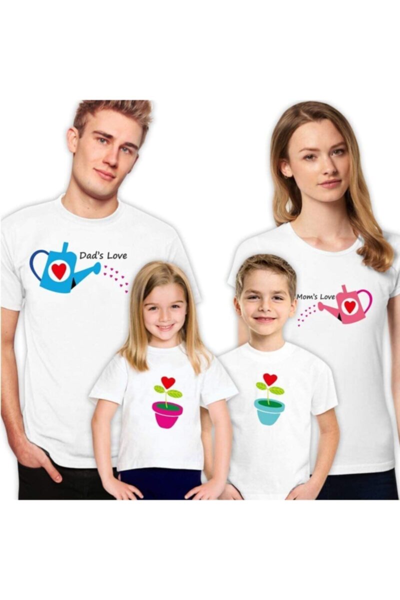 Pamuklu Aile Kombini 4lü Aile Tişört Seti Çiçek Sulayan Baskılı Anne Baba Çocuklara Özel Tshirtler