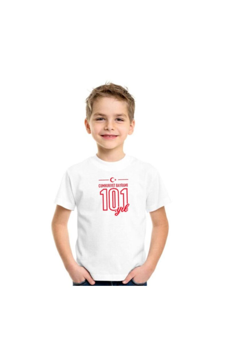 Cumhuriyetin 101.Yılı Baskılı 29 Ekim Çocuk Bisiklet Yaka Basic Tişört Pamuklu T shirt BEYAZ