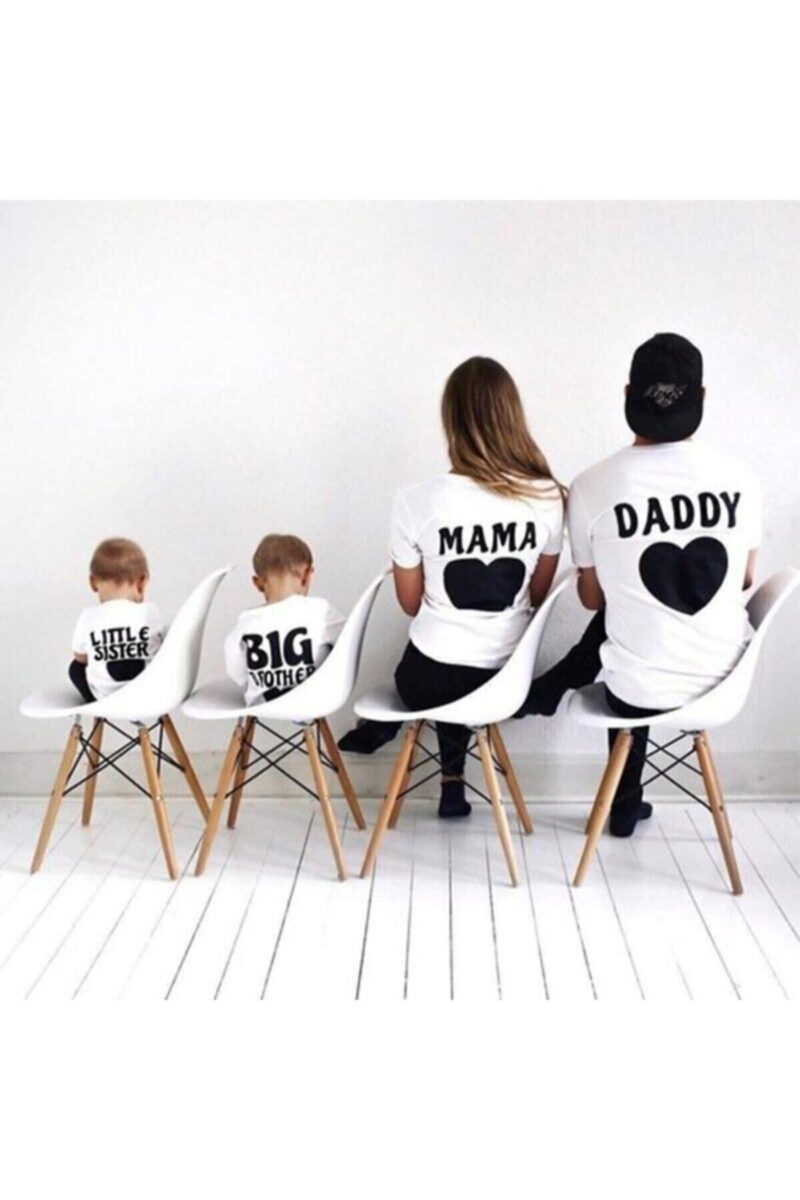 Kalp Baskılı 4lü Aile Boyu Tişört Pamuklu Aile Kombini Tshirtler Ingilizce Ve Türkçe Seçenekli