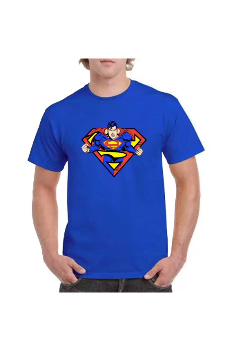 Sax Mavi Süpermen Tişört Pamuklu Unisex Tasarım Baskılı Royal Blue Tshirt