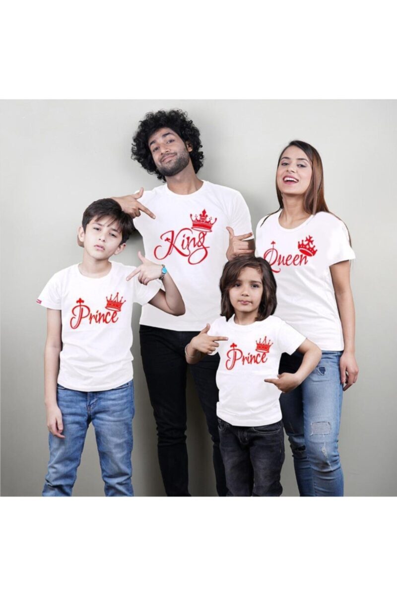 Pamuklu Aile Kombini 4lü Aile Tişört Seti King Queen Prince Princess Kırmızı Baskılı Tshirtler - 2