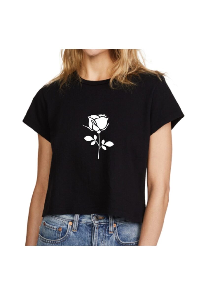 Gül Baskılı Siyah Kadın Tişört Pamuklu  Tshirt