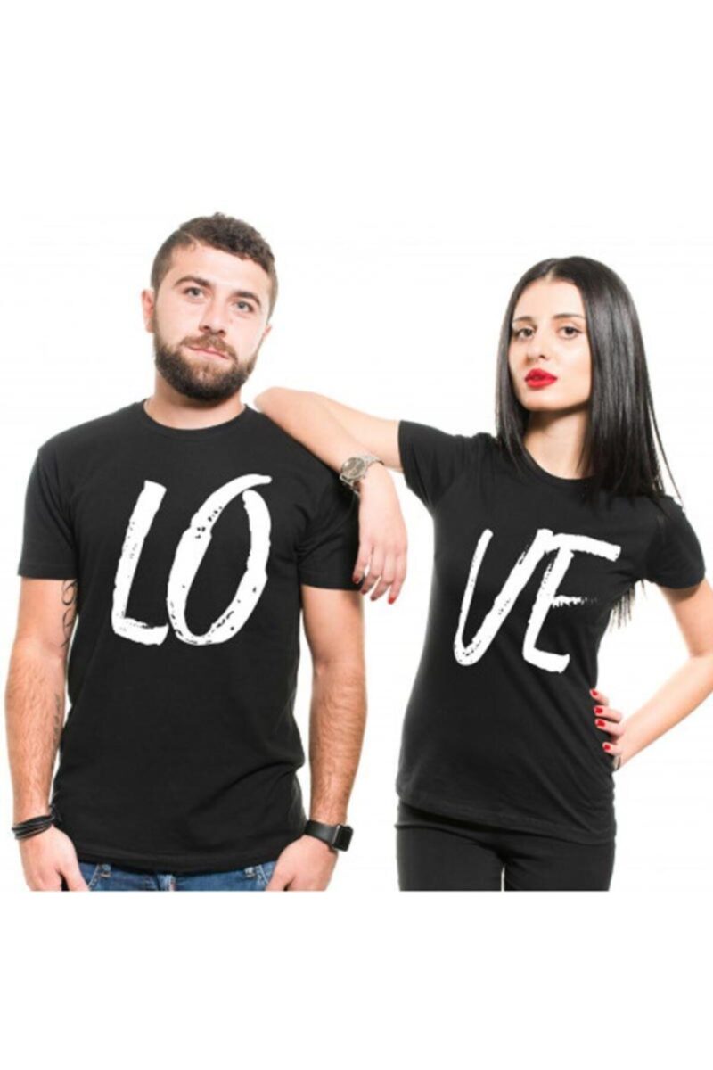 Çiftlere Özel Büyük Love Baskılı Sevgili Tişörtleri Sevgili Kombini Pamuklu Siyah