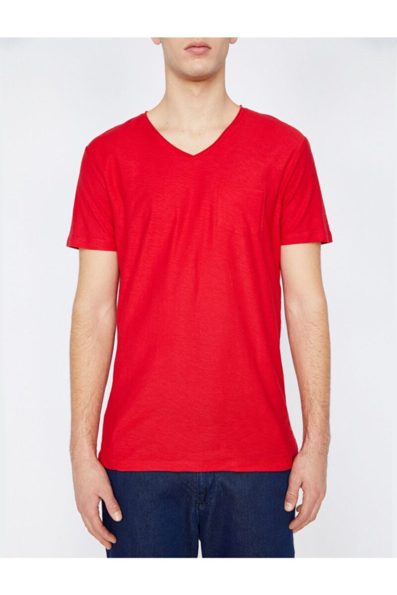 Erkek V Yaka Tişört Pamuklu Kırmızı Tshirt