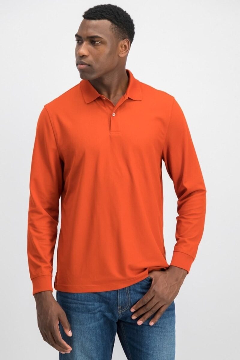 Polo Yaka Uzun Kollu Tişört Turuncu Pamuklu Uzun Kol Polo Yakalı Tshirt.