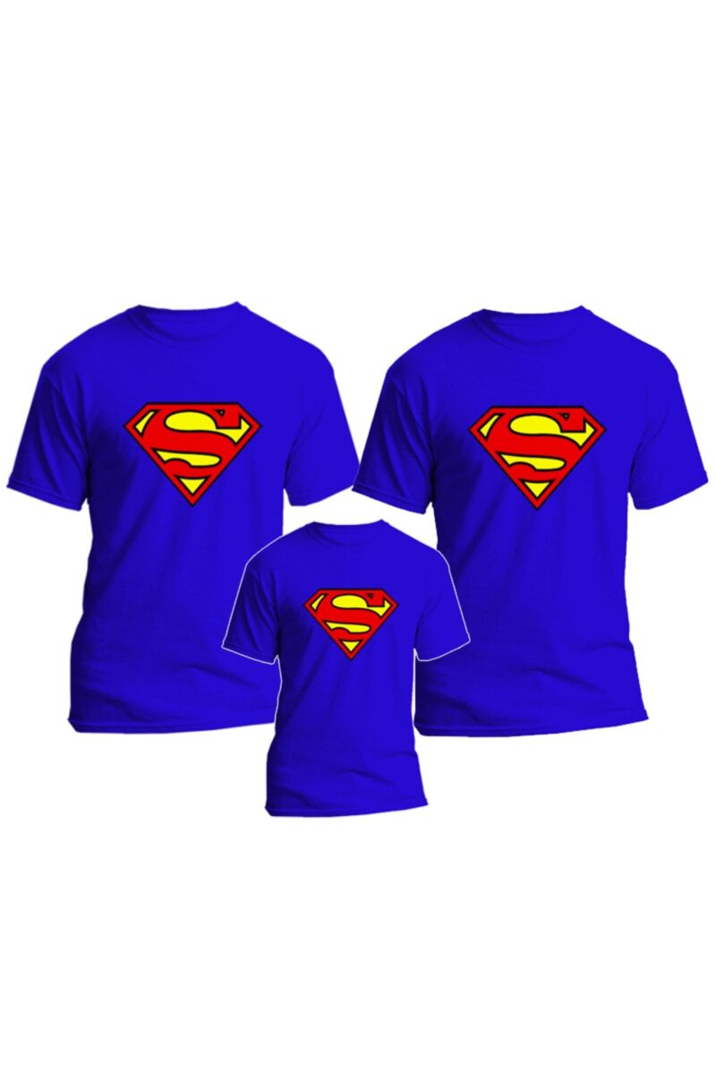 Aile Kombini Anne Baba Çocuk Supermen Logo Baskılı 3 Adet Tişört Seti Superman Tshirt Sax Mavi