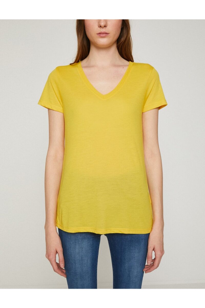 V Yaka Tişört Pamuklu Sarı Tshirt