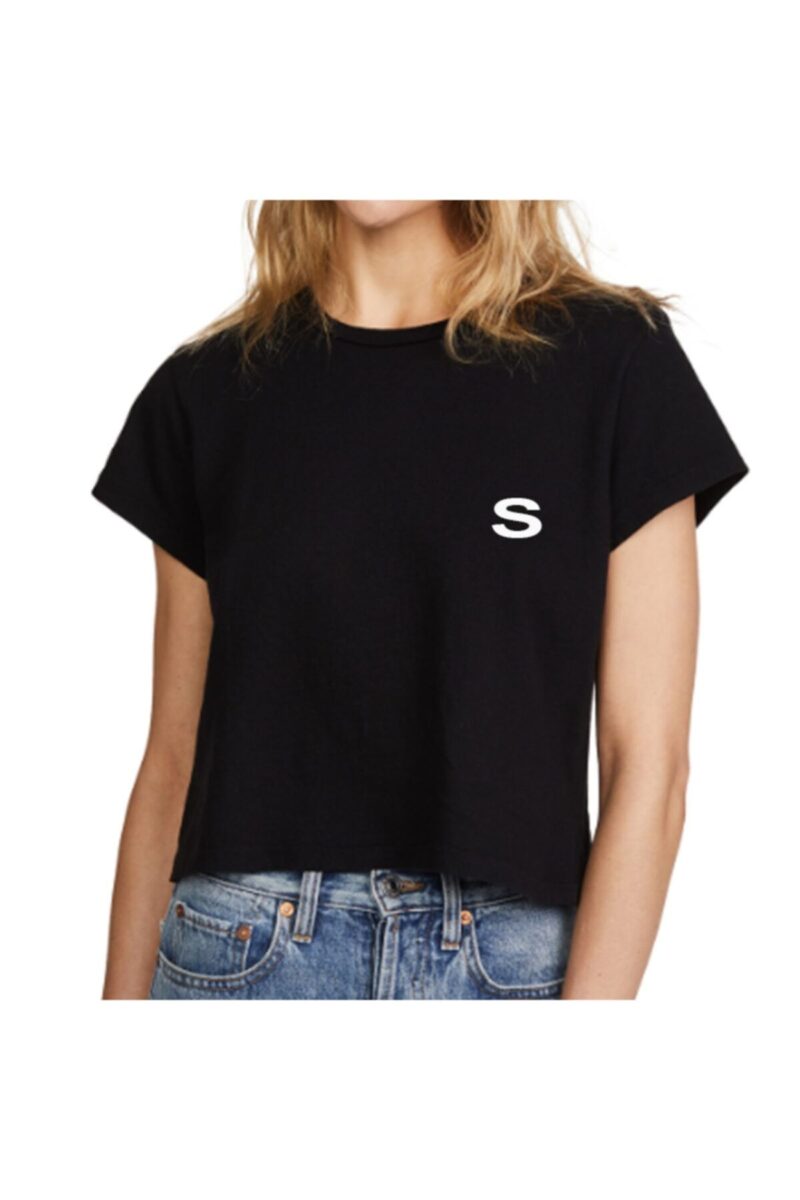 S Harfi Baskılı Baş Harf Tasarım Siyah Kadın Tişört Pamuklu Tshirt