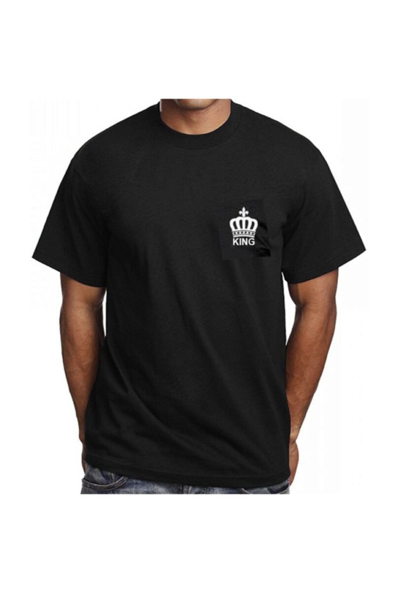 Siyah King Kral Tacı Göğüs Arma Baskılı Tişört Pamuklu Tshirt
