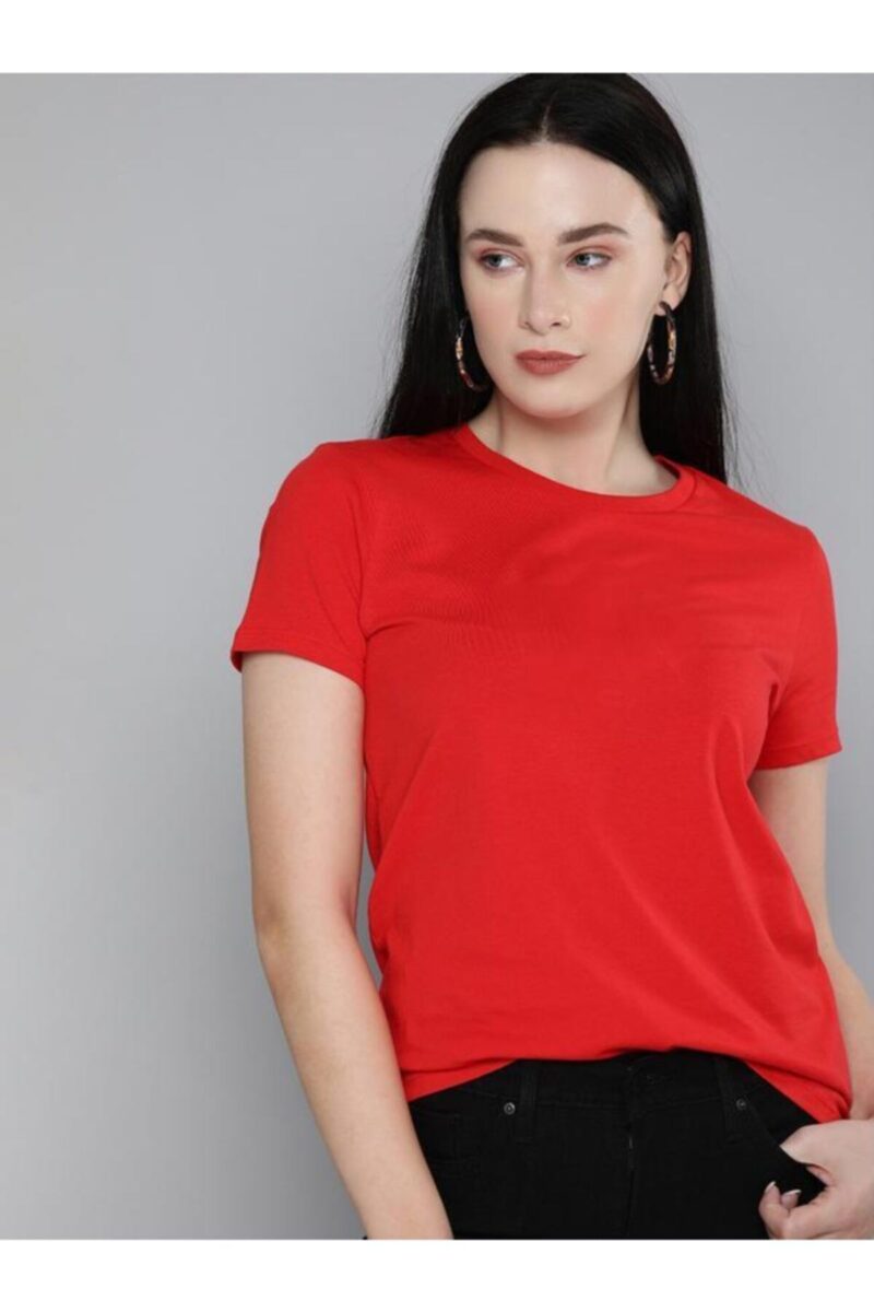Bayan Bisiklet Yaka Kırmızı Tişört Pamuklu Kadın Tshirt