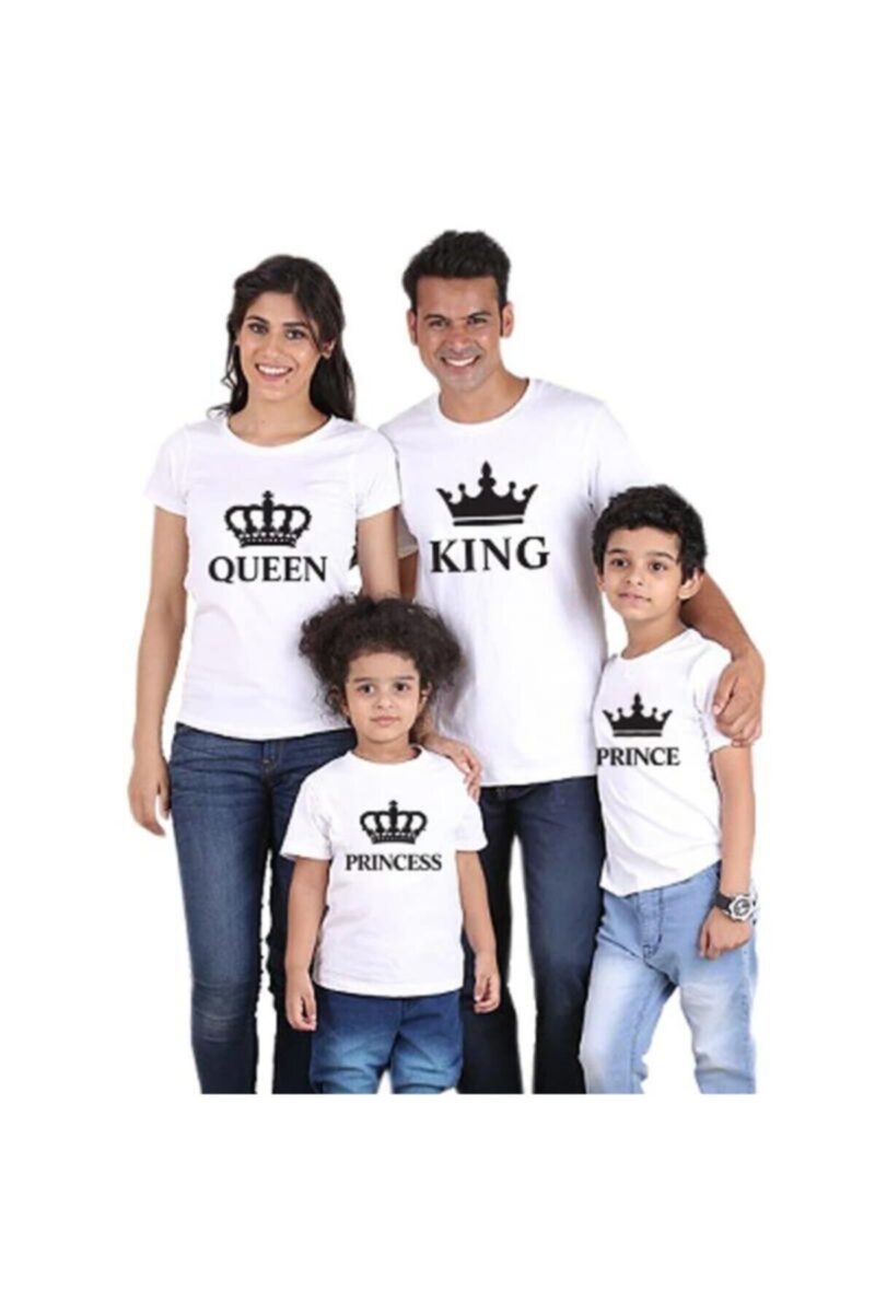 King Queen Prince Princess Baskılı 4lü Pamuklu Aile Boyu Tişört Aile Kombini Tshirtler