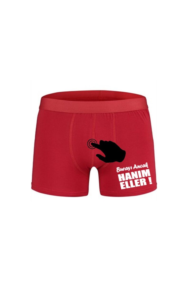 Burayı Ancak Hanım Eller Tasarım Baskılı Espirili Kırmızı Erkek Boxer