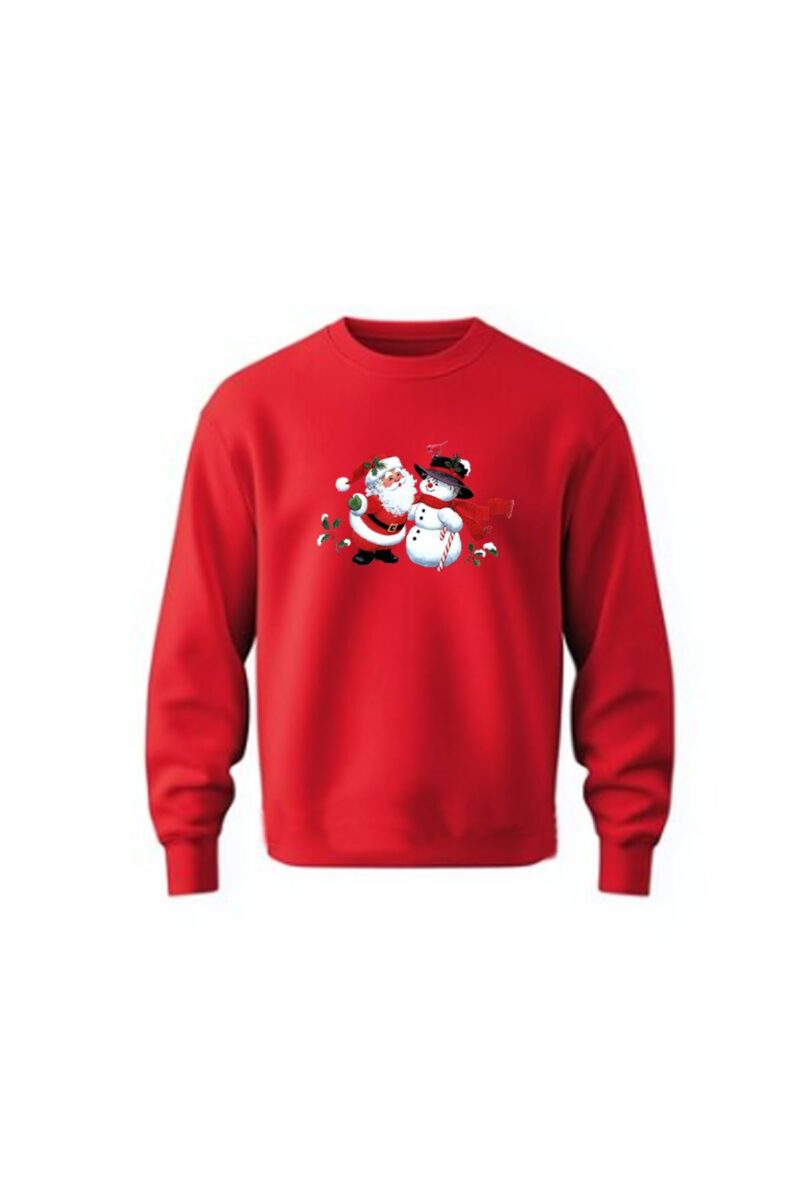 Kardan Adam Noel Baba Baskılı İçi Şardonlu Sweatshirt Kırmızı Düz Lastiksiz Bel Kombin Yapılabilir